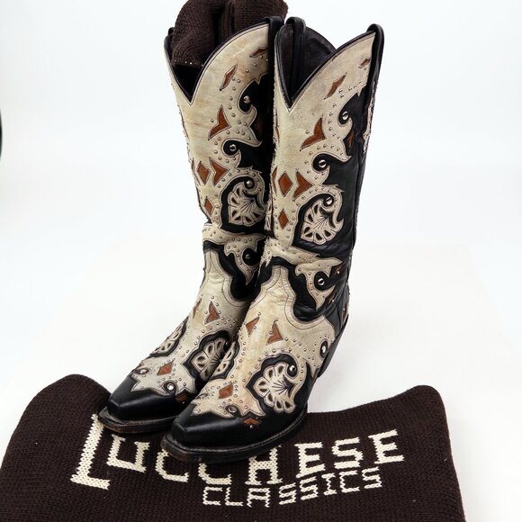 Lucchese 1883 Handmade Studded Fiona Black + Neutral Western Boots - Picture 6 of 8